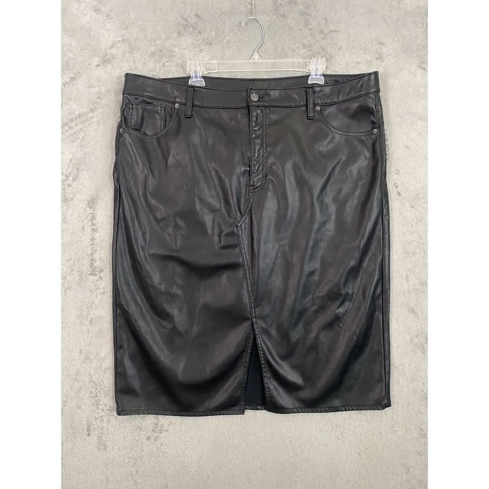 Terra &‎ Sky Skirt Sz 20W Black Faux Leather Midi Front Slit 5-Pocket Edgy Chic